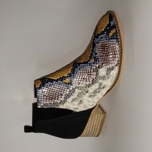 Black faux leather Snakeskin booties, multi colored upper with a v cut detail